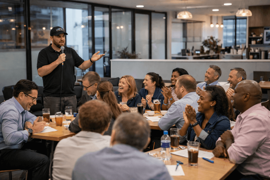 A trivia host with experience running private events speaks to the crowd at a corporate team building event.