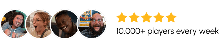 Happy trivia players enjoying a game night with five-star rating and over 10,000 players every week